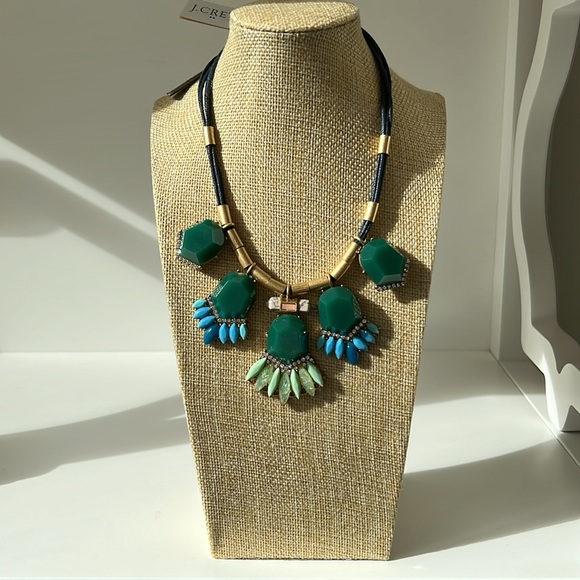 NWT J Crew Statement Green Blue Brass Golden Rhinestone Faux? Leather Necklace - Picture 2 of 8
